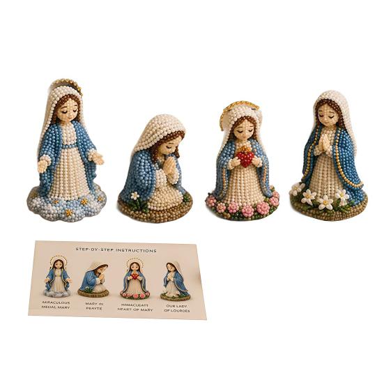 DIY Christian Beading Kit, Cute 4-Pack Tiny Beaded Jesus/Mary DIY Kit, Handmade Mini Faith Beads Craft with Instruction for Beginners, Craft