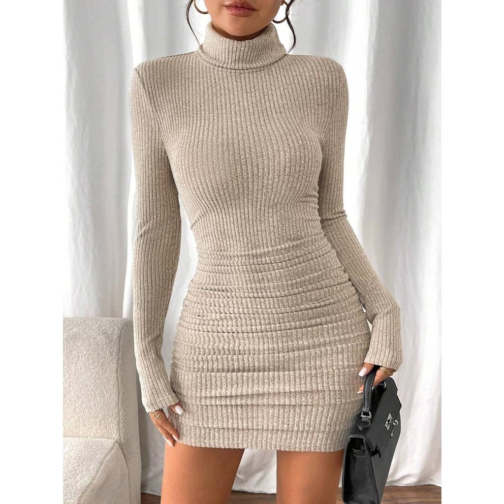 Fall Winter Women's Turtleneck Knit Bodycon Dress Slim Fit Pencil Mini Dress Casual Basic Party Cocktail Dress