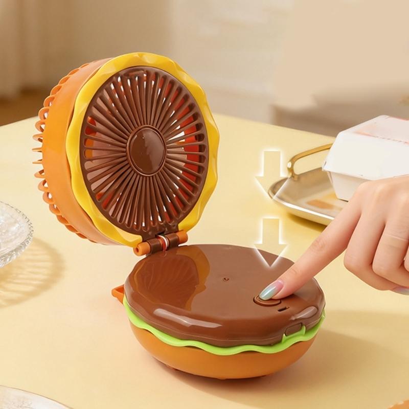 Portable Hamburger Shaped Mini Fan With 2 Battery Power For Desktop Or Handheld Use In Home Office Or Outdoor
