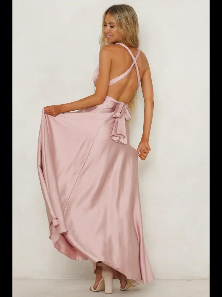 Europäisches und amerikanisches Abendkleid aus Satin mit tiefem V-Ausschnitt für Damen – eleganter, einfarbiger, langer Rock