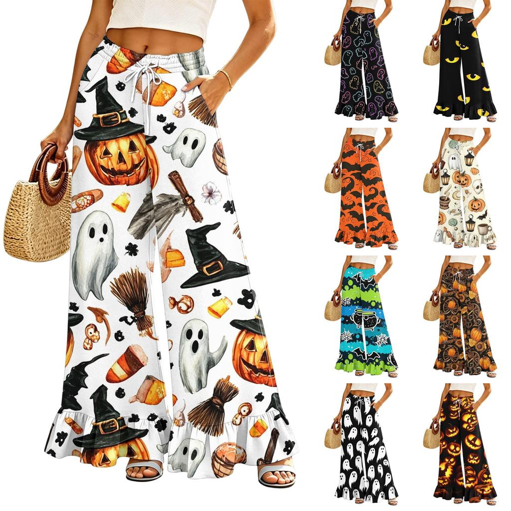 Women Wide Leg Pants with Pockets High Waist Drawstring Casual Loose Fit Halloween Print Ruffle Hem Long Trousers for Daily Wear