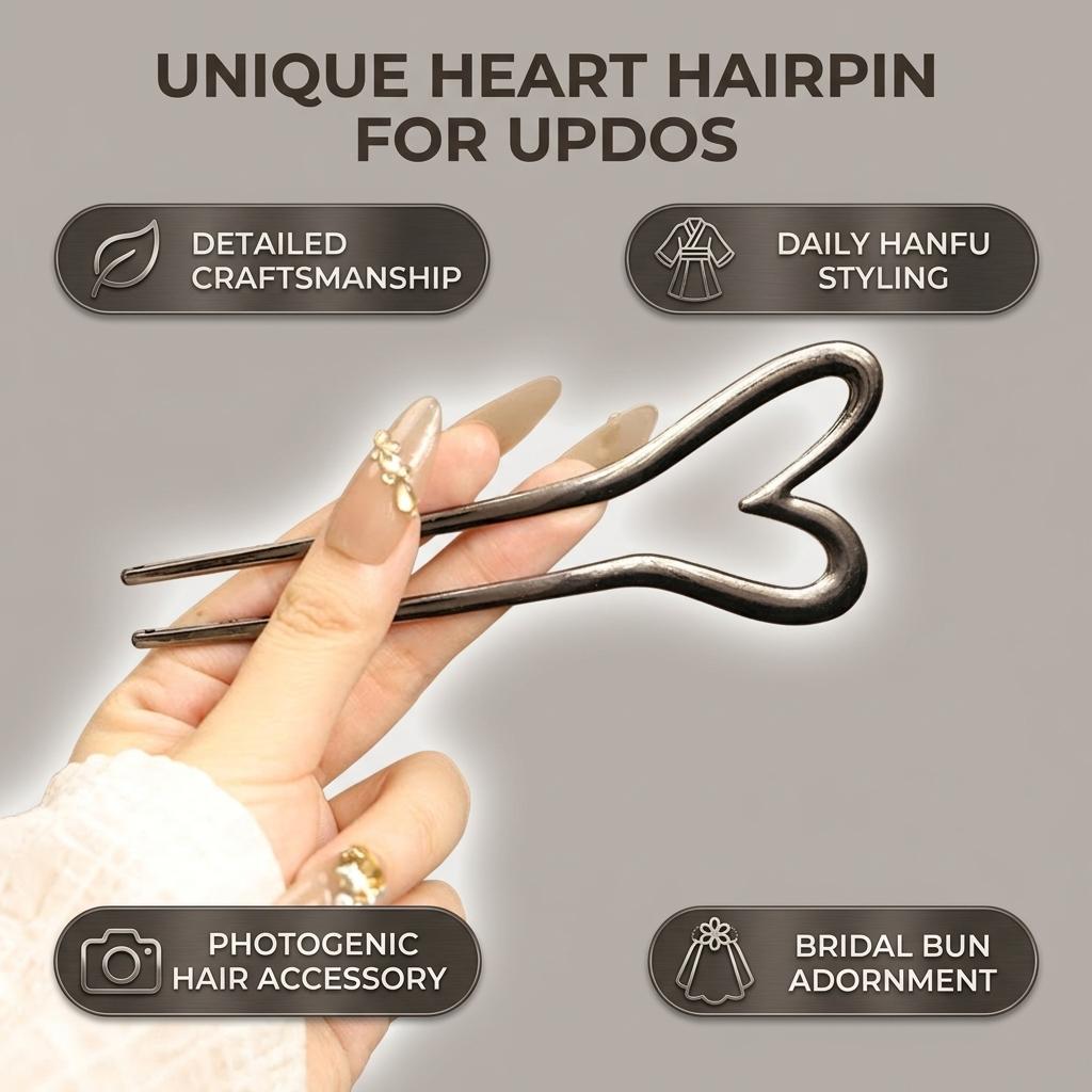 Metal Heart Hairpin For Women With Zinc Alloy And Eco-Friendly Coating In New Chinese Style