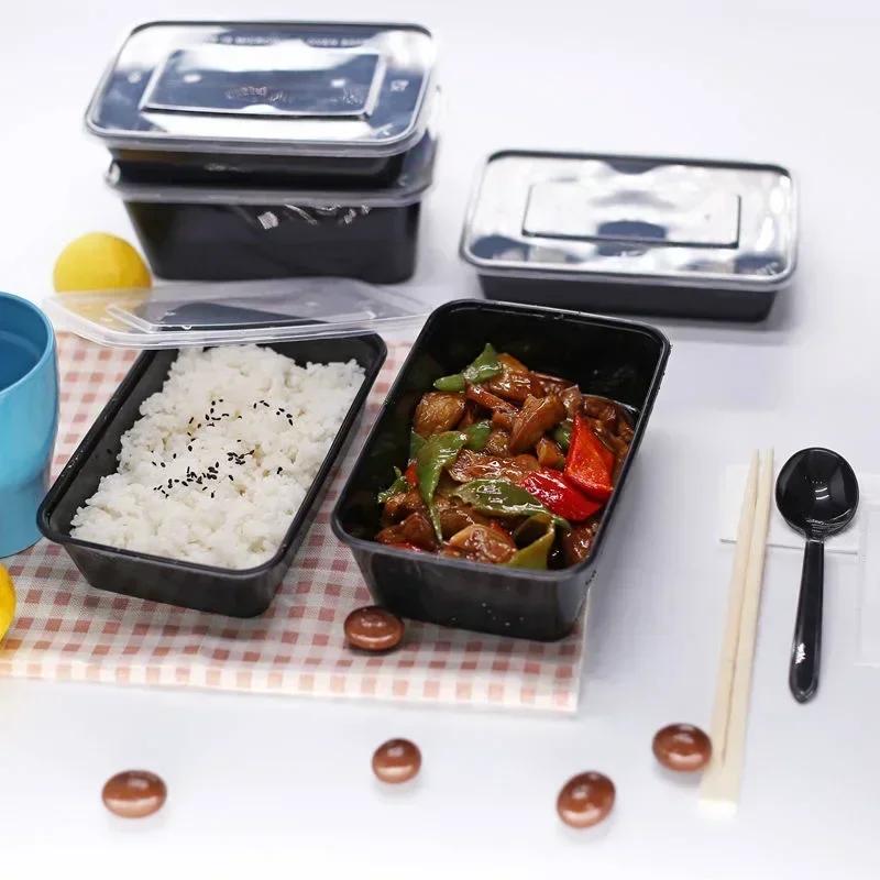 1000ml Thick Disposable Takeaway Lunch Box Tableware Can Be Microwave Heated Rectangular Black Plastic Bowl Food Packaging Box