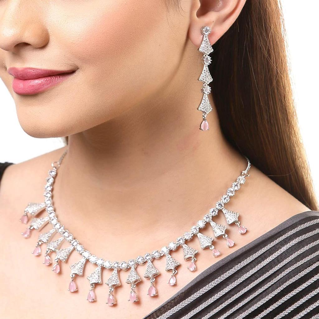 Rhodium Plated Silver Toned White American Diamond Studded Necklace With Earring Jewellery Set For Woment and Girl