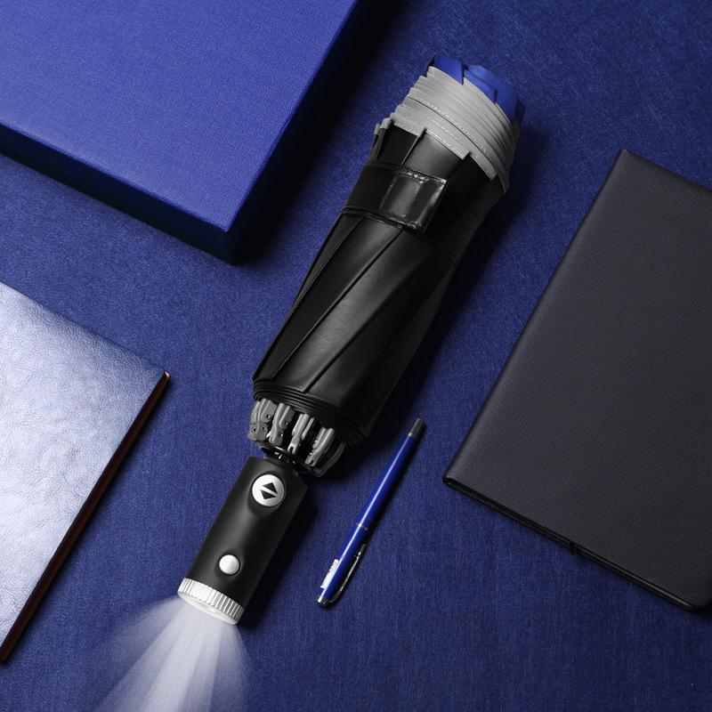 Three-Fold Automatic Reverse Umbrella with Reflective Edging & LED Light, Customizable Logo, All-Weather Protection for Business Use