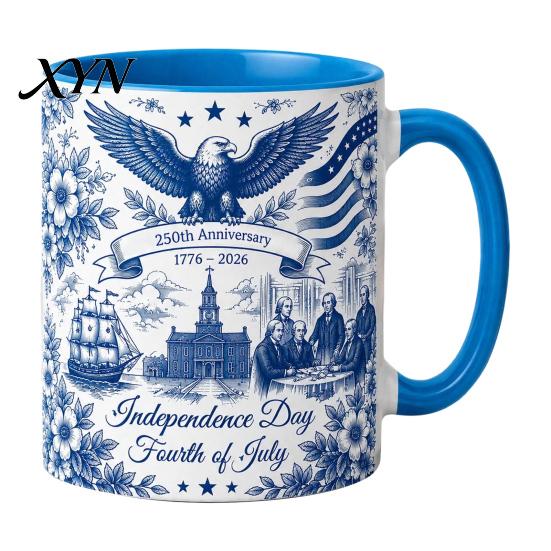 Independence Day Cup USA 250th Anniversary Blue Mug, Patriotic Ceramic Coffee with Heritage Eagle Flag Design, Gift for Veterans Men Women Durable