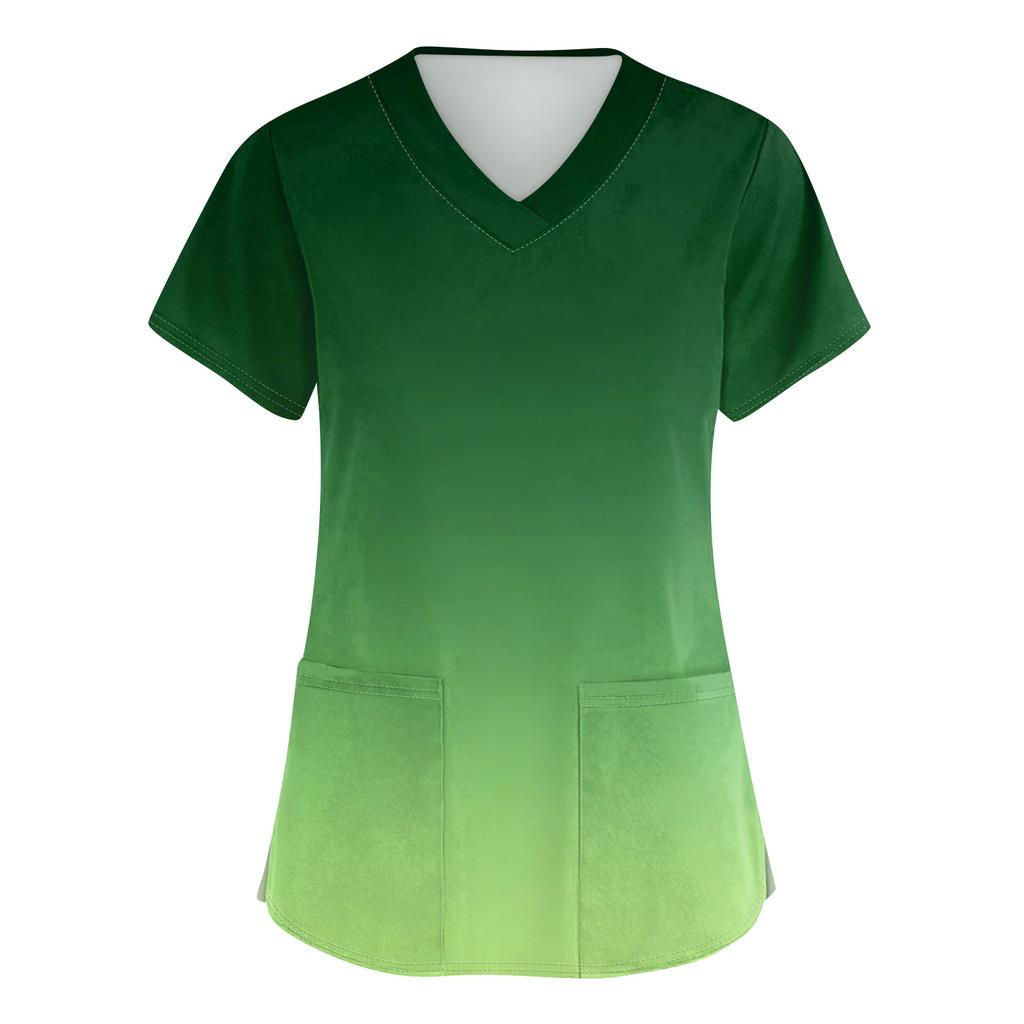 Women's fashionable V-neck short-sleeved pocket protective work uniform with printed design