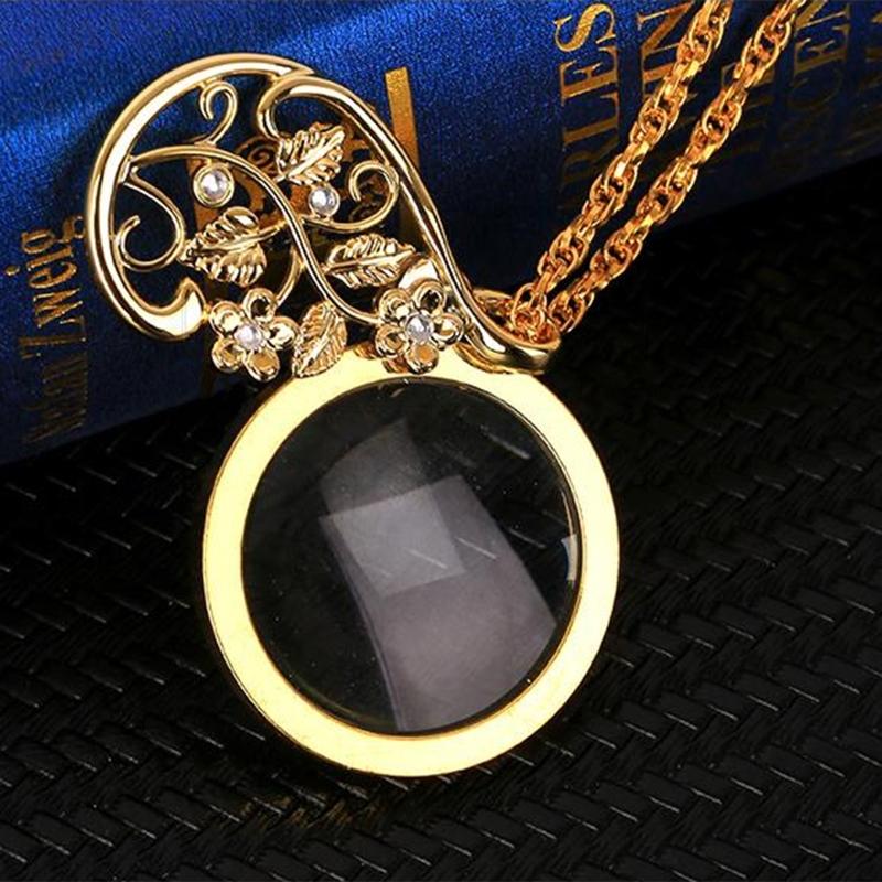 Necklace Jewelry Optical Magnifier with Chain Necklace Neckglasses Portable Monocle for Reading Collecting Library Gift