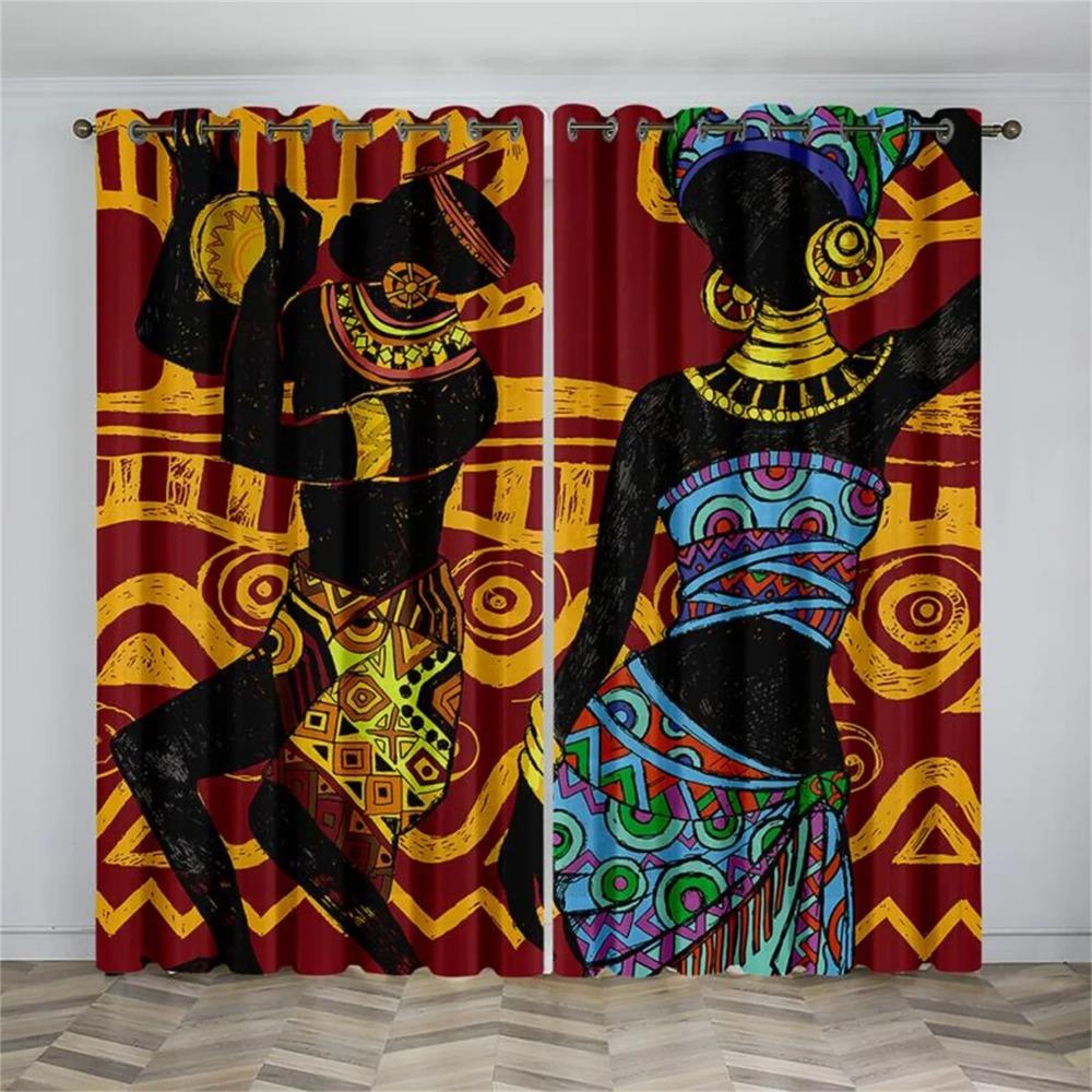 Schwarze Afrikanische Frauen Kunst Abstraktes Design National Lichtfilternde Vorhänge Fenstergardinen für Wohnzimmer Schlafzimmer 2 Stück Dekor