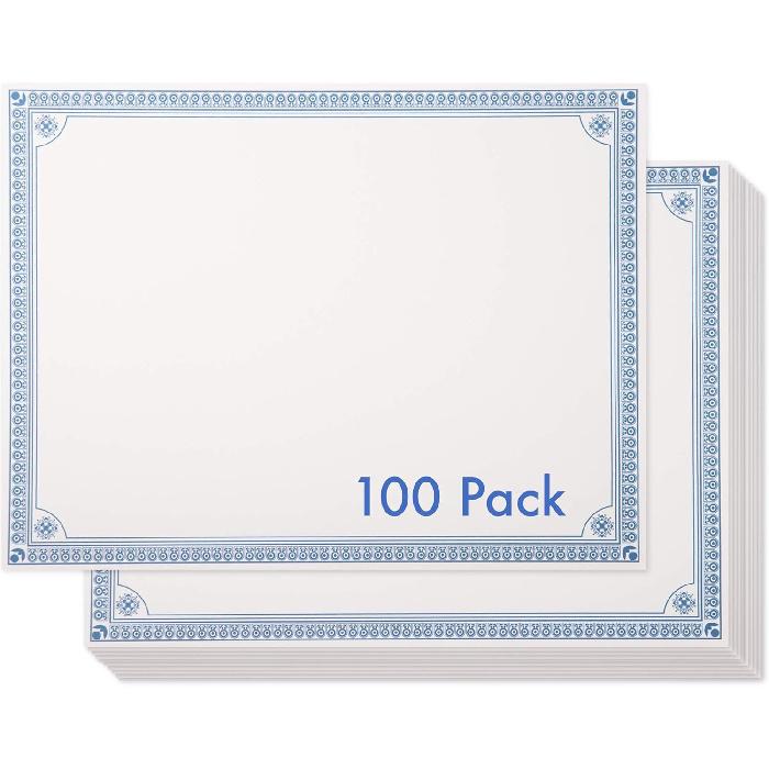 Certificate Paper 8.5 x 11 Inches, 100-Pack Diploma Paper, Letter Size, Blank, Blue Borders