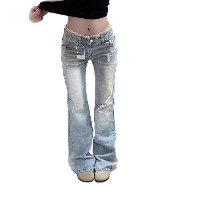 Women's Light Wash Ripped Low Waist Stretch Micro Flare Jeans - Summer 2025 Edition