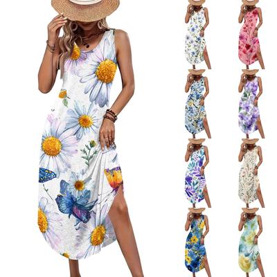 Women's Casual Loose Fit Sleeveless Floral Print Long Dress with Side Slit Lightweight Comfortable Summer Sundress