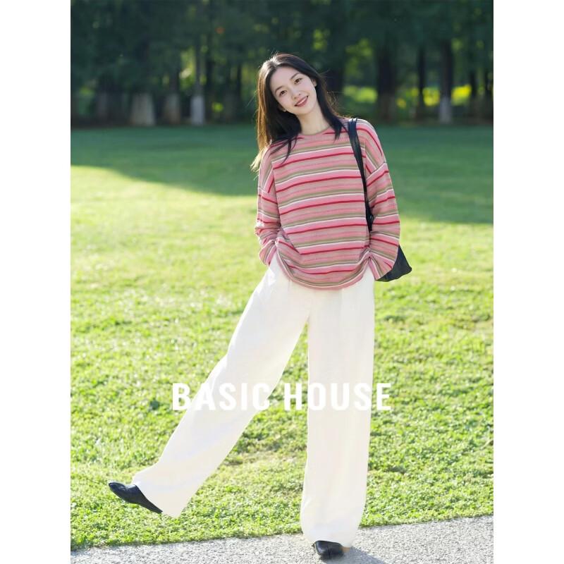 Basic House Pink Striped Round Neck Long Sleeve T-shirt L