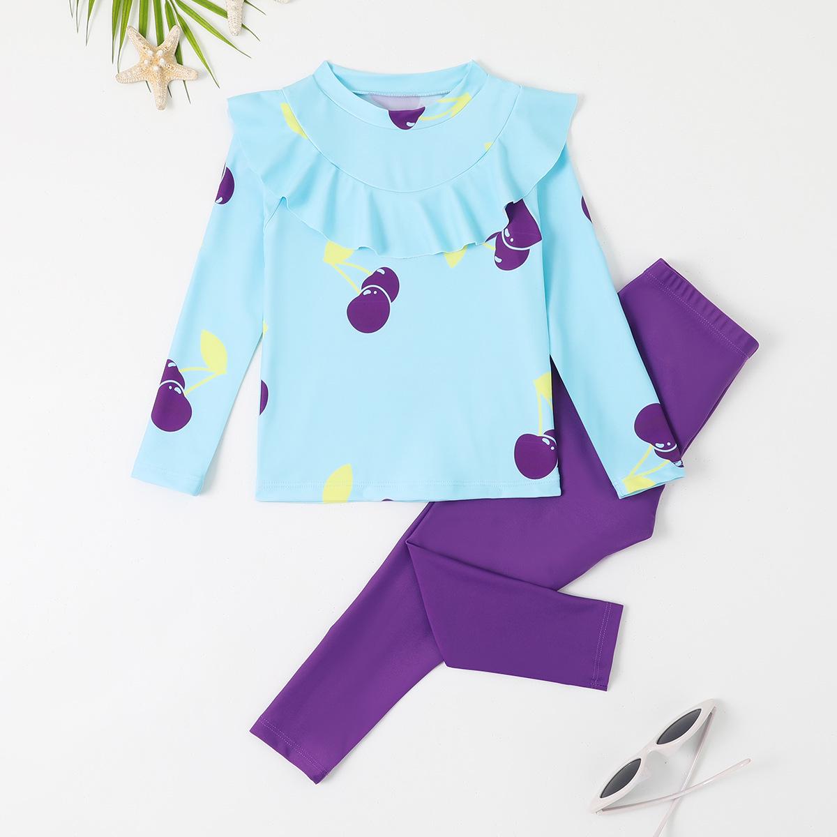 

2025 Новый купальник с длинным рукавом и оборками для девочек, с защитой от солнца, круглым вырезом и длинными штанами 5 Year цветочный