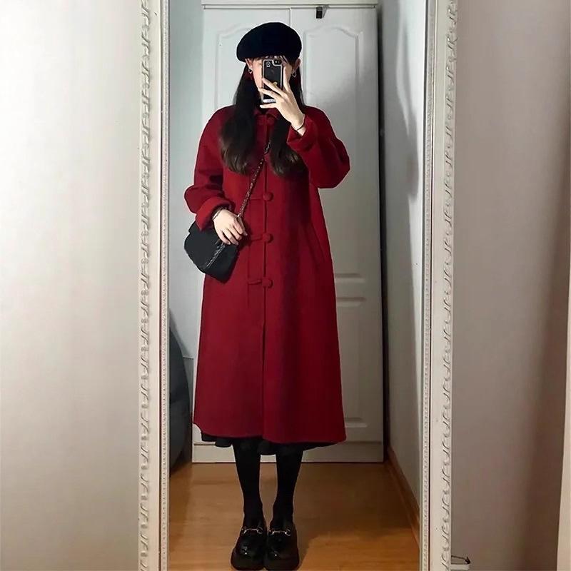 

Women s Mid-Length Wool Coat - Korean Hepburn Style, Autumn/Winter 2025 Collection, Petite Fit, Red. L