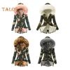 Women Winter Down Coat Faux Fur Fleece-lined Zip-up Press Button Closure Windproof Mid Length Jacket Camouflage Print Slim Fit Outerwear