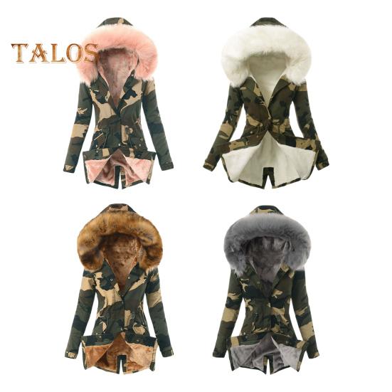 Women Winter Down Coat Faux Fur Fleece-lined Zip-up Press Button Closure Windproof Mid Length Jacket Camouflage Print Slim Fit Outerwear