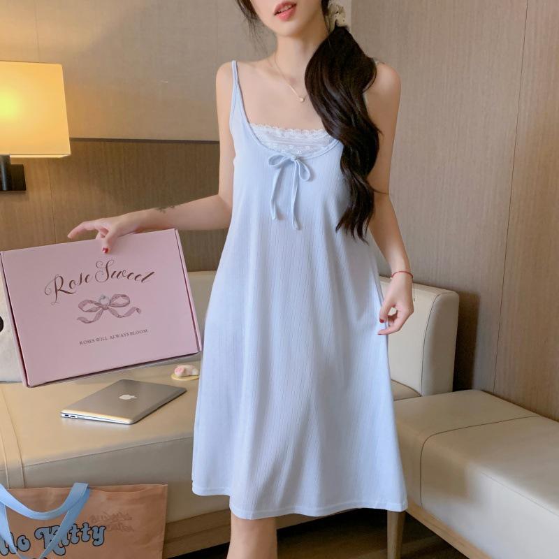 2026 Summer Blue Sleeveless Nightgown with Chest Pads - Women's Sweet Pure Desire Style