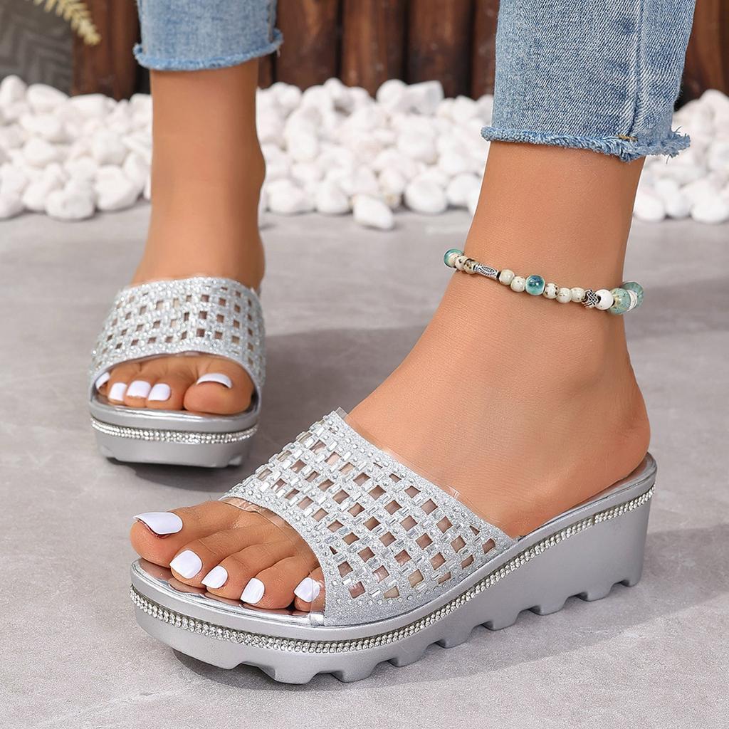 Elegant Narrow Band Clip Toe Shoes Ladies Rhinestone Hollow Thick Bottom Outside Wear Slope With Large Size