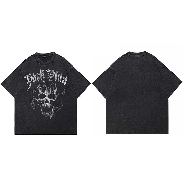 Hip Hop Retro Washed Black TShirt Streetwear Fire Flame Skull Graphic T Shirt Cotton Unisex Tshirt Men Tops Tees Hipster S