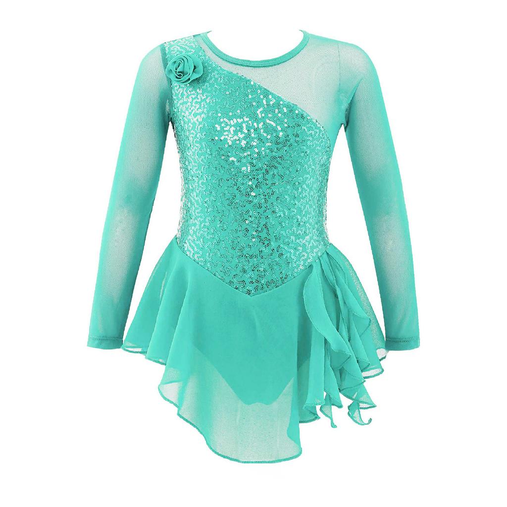 Girls Jazz Dance Bodysuit Rhythmic Gymnastics Stage Wear Sequin Tulle Splice Long Sleeves Cutouts Back Figure Ice Skating Athletic Skirted Leotard