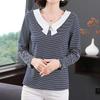 Casual Fashion Striped Printing T-shirt Spring Autumn Long Sleeve Peter Pan Collar V-Neck Loose Tops Ladies