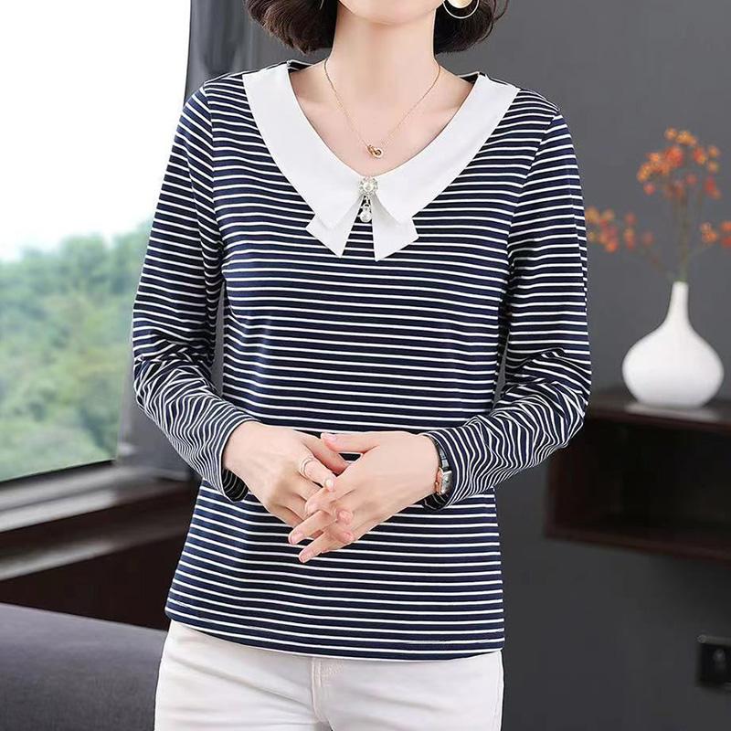 Casual Fashion Striped Printing T-shirt Spring Autumn Long Sleeve Peter Pan Collar V-Neck Loose Tops Ladies