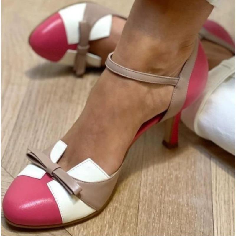 Fashion New Style Sweet Female Pumps Round Toe Small Heels 6cm Buckle Strap Bowknot Mixed Color Plus Size 34-43 Spring Dating Shoes