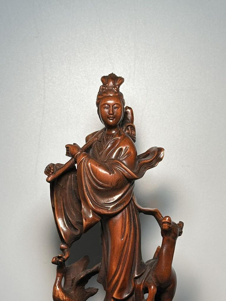 Chinese Antique Vintage Boxwood Carved Beautiful Goddess Statue Nice Sculpture