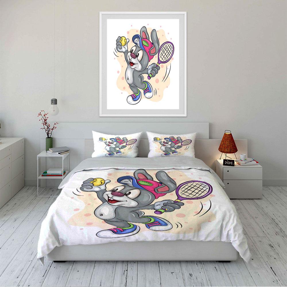 Tennis Bunny Cartoon Design Bedding Duvet Cover Set Duvet Cover Pillowcases (1*Duvet Cover 2*Pillowcases, without duvet insert)