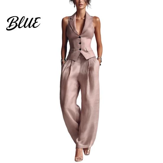 Women Two-piece Women's Summer 2 Piece Business Work Outfits Sleeveless Button Slim Fit Suit Down Vest And Wide Leg Pants Matching Set Clothing