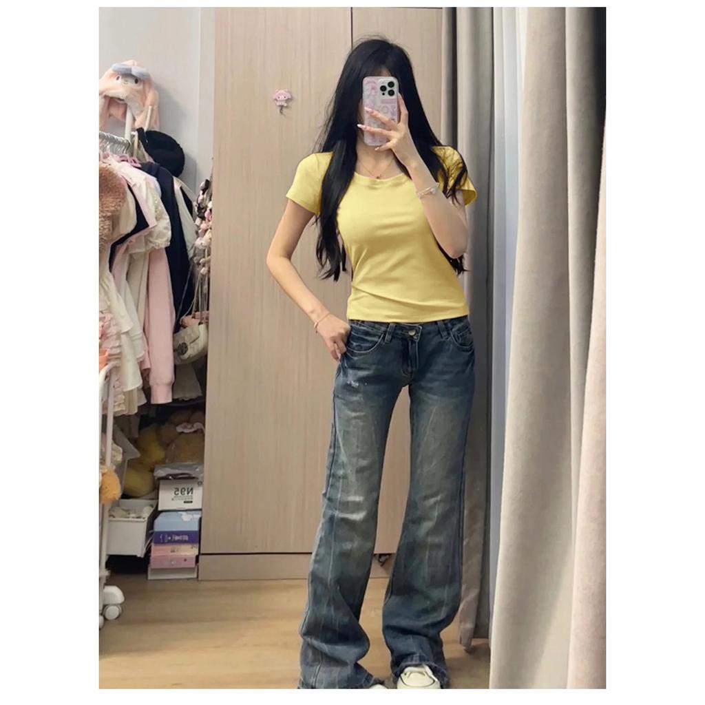 Special design sense niche pure desire round neck slim-fitting short-sleeved T-shirt women's summer new waist and thin top tide