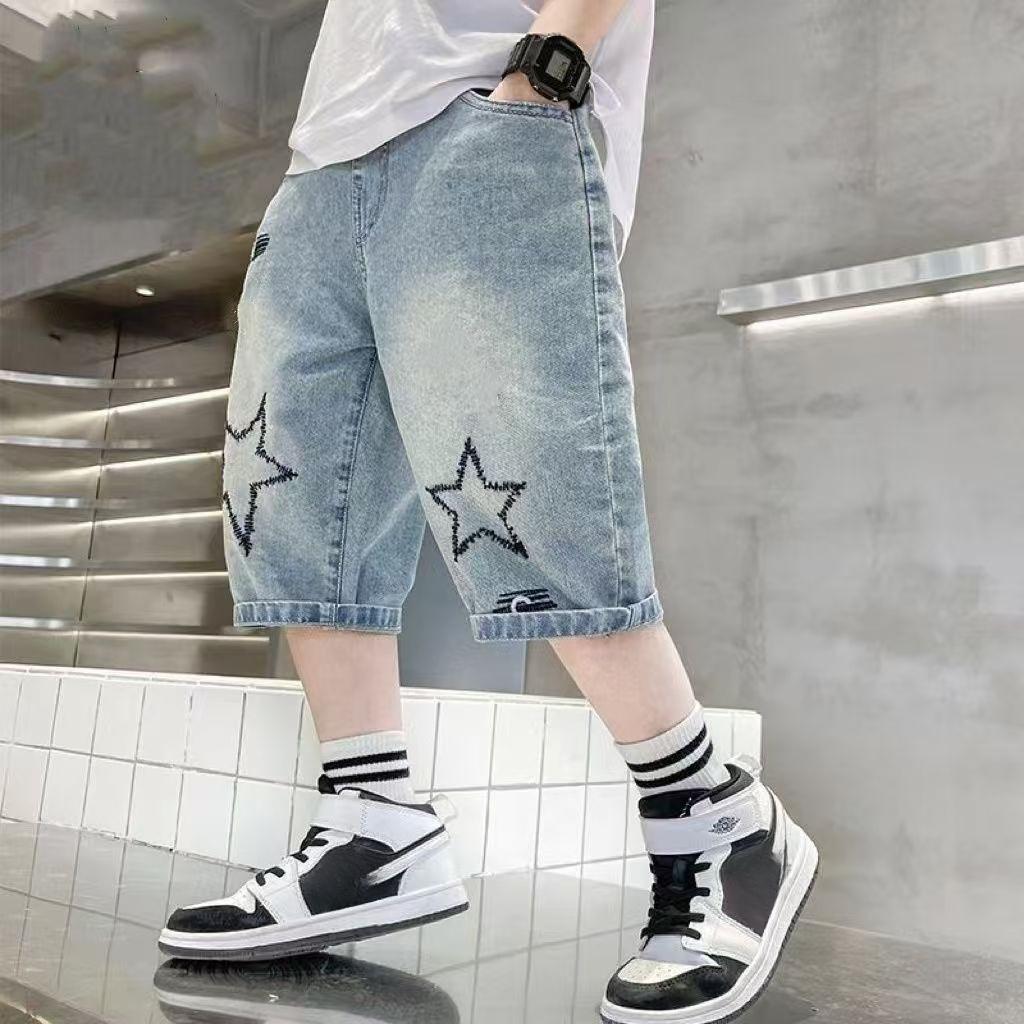 Boys Straight Denim Shorts Summer Children Casual Wide-leg Knee Length Pants Teenage Jean Short Trousers Kids Clothing 5-14 Year