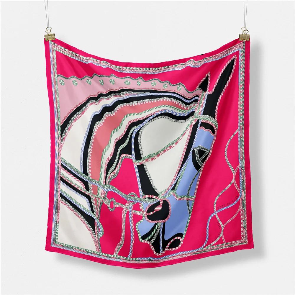 53cm Fashion Horse Square Scarf Women  Design Luxury Silk Scarf Bandana Headband Brand Hijab Neckerchief For Ladies