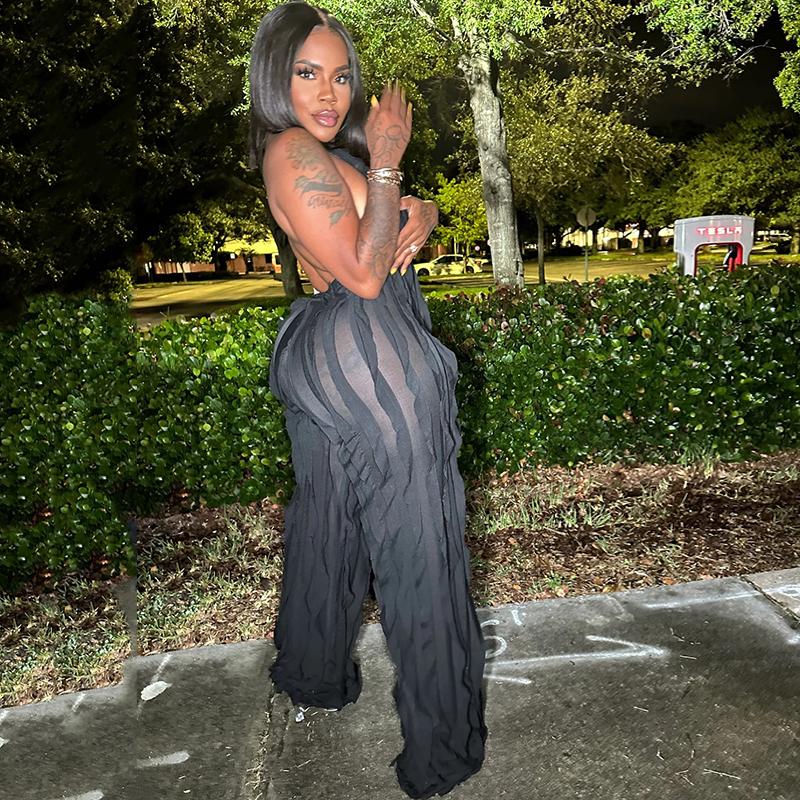 Backless Pleated Sexy Jumpsuit Women Rompers Halter Neck Sleeveless V Neck Women Bodysuits Loose Backless High Waist Playsuits Outfits Clothes 857