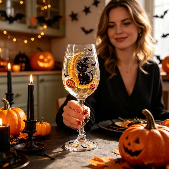 Unique Cup Halloween Wine Glass, Spooky Ghost Cat Witch Pumpkin Drinking Glass for Artistic Kitchen Drinkware Wines, Cocktails, Spirits, Holiday
