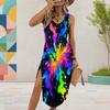 Women Plus Size U Neck Sleeveless Printed Midi Dress Abstract Gold Black High Side Slit