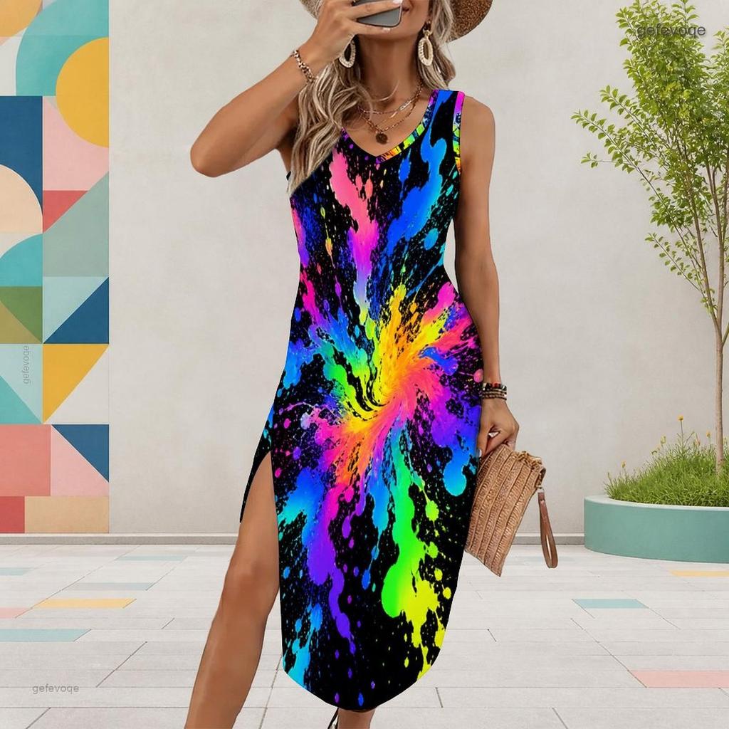 Women Plus Size U Neck Sleeveless Printed Midi Dress Abstract Gold Black High Side Slit