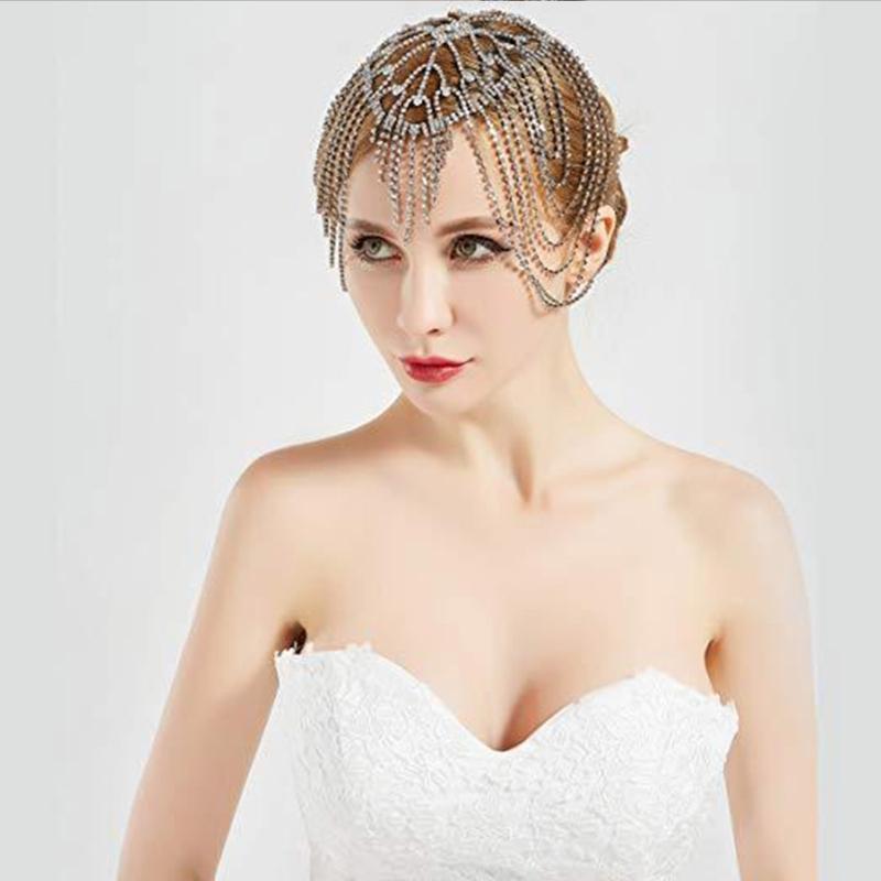 Damen Strass Quasten Kette Kopfschmuck Silber/ Golden Braut Haarschmuck für Abendkleid Party Abschlussball