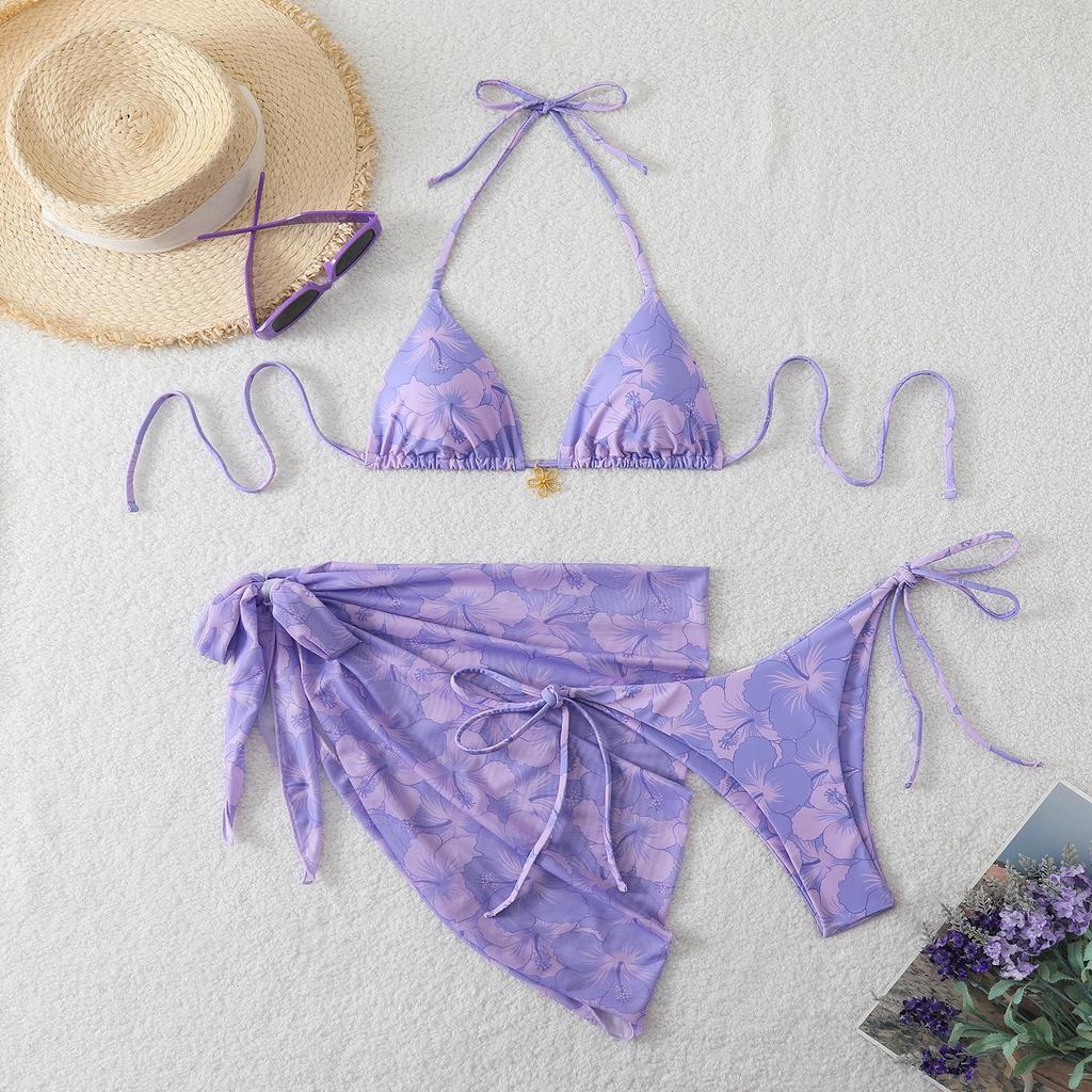 2026 Women's European & American High-Waisted Three-Piece Solid Color Swimsuit Bikini Set