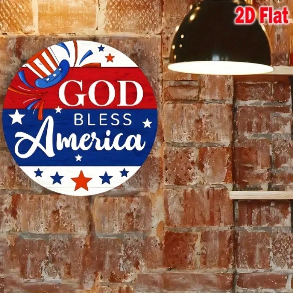 God Bless America Patriotic Metal Sign Vintage USA Flag Round Iron Wall Decor 8x8 Inch Stars Stripes Garden Yard Ornament