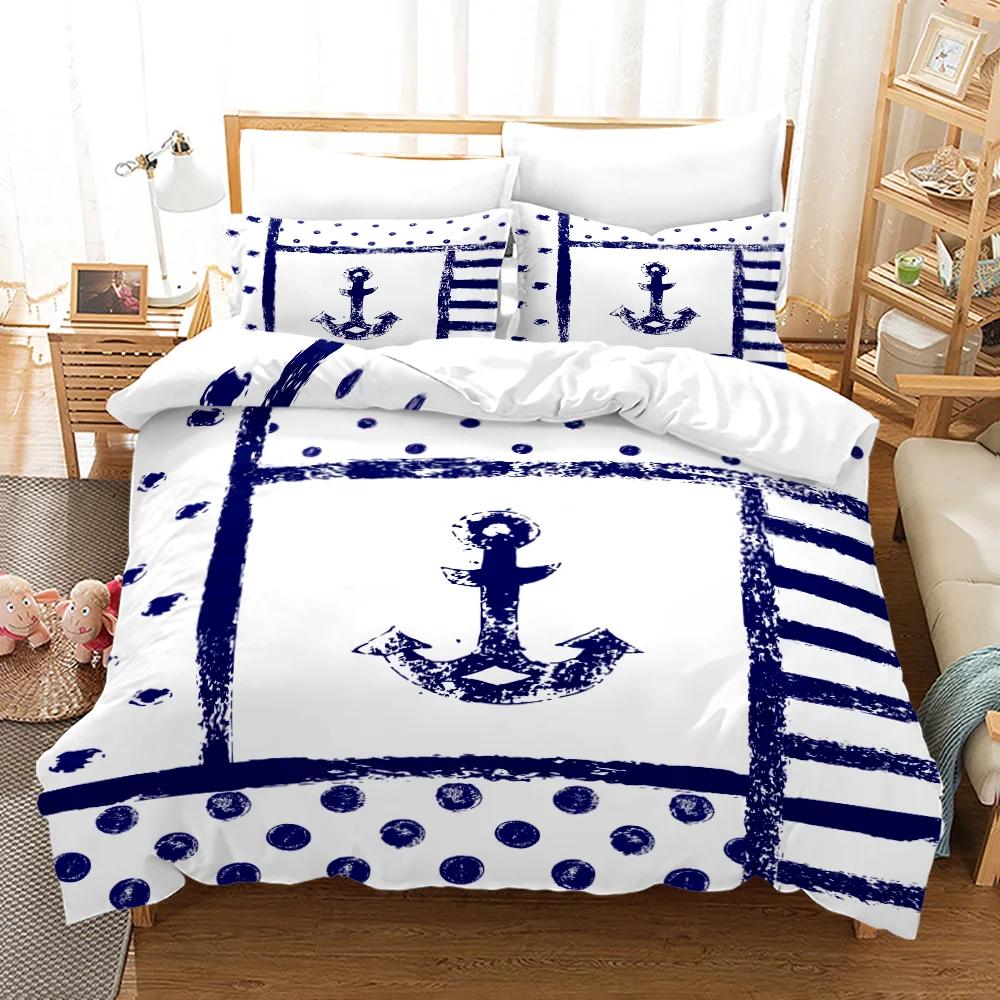 Anchor Duvet Cover Set,Nautical Pattern Classic Colors And Anchors Simplistic Design Sailor Ship Print Bedding Set Queen Size