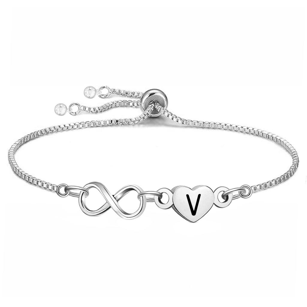 Stainless Steel Infinity Heart Initial Letter Bracelet Adjustable Slider Box Chain Bracelet for Women