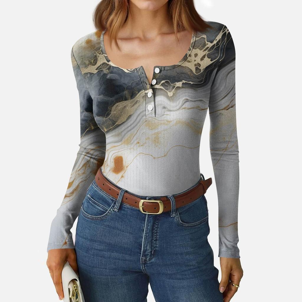 Women's Slim Bottom T-shirt Fashion Casual Gradient Printing Round Neck Pullover Long Sleeve Top