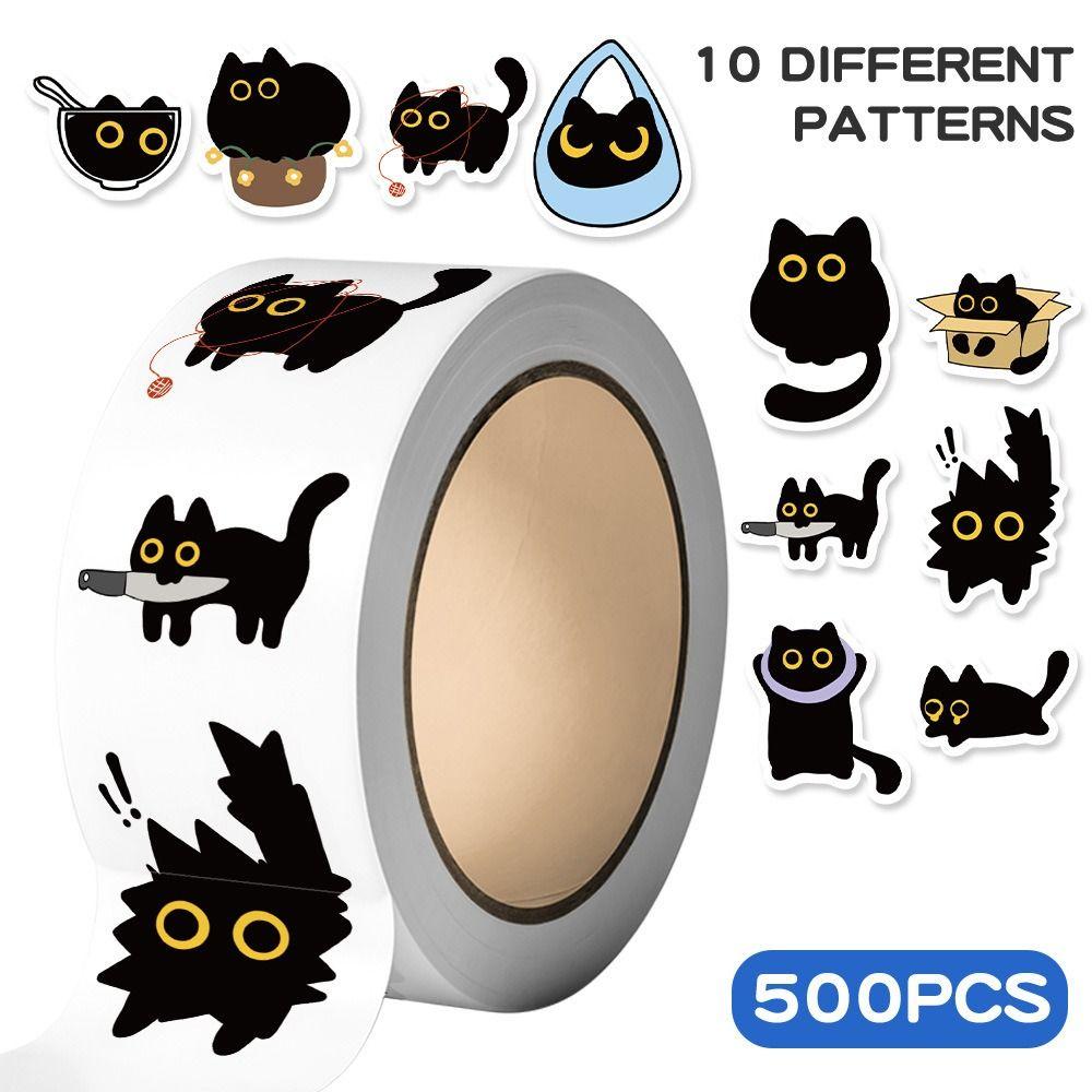500Pcs/Roll Self-adhesive Cat Stickers Cartoon Graffiti Stickers Black Cat Stickers  Stationery