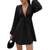 European & American Women's V-neck Lantern Sleeve Short Casual Dress with Waist-cinching Lace-up