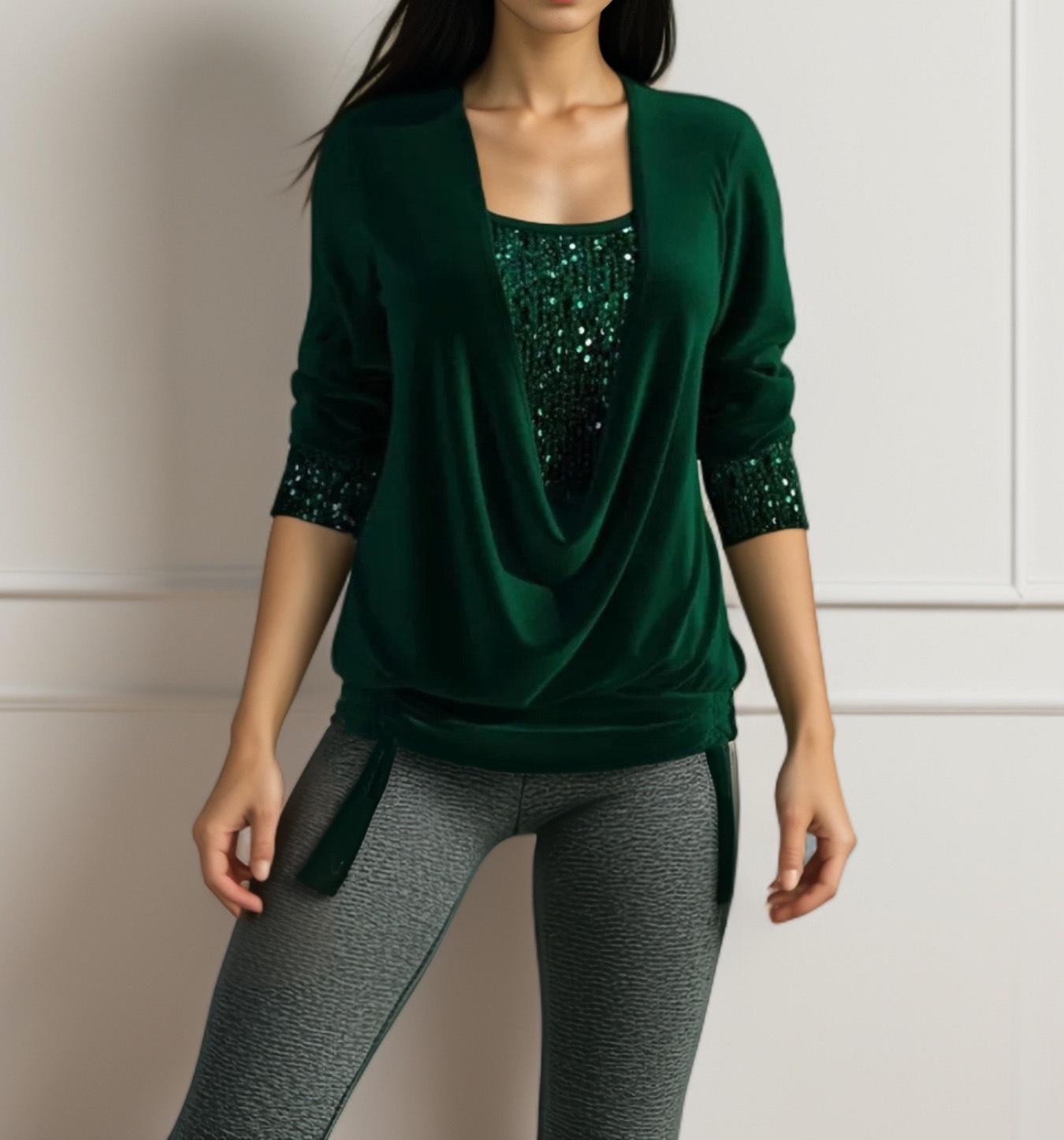 

Женский топ с длинными рукавами, пайетками и отложным воротником, осень/зима 2024 года — свободный плиссированный искусственный двухкомпонентный дизайн 2XL