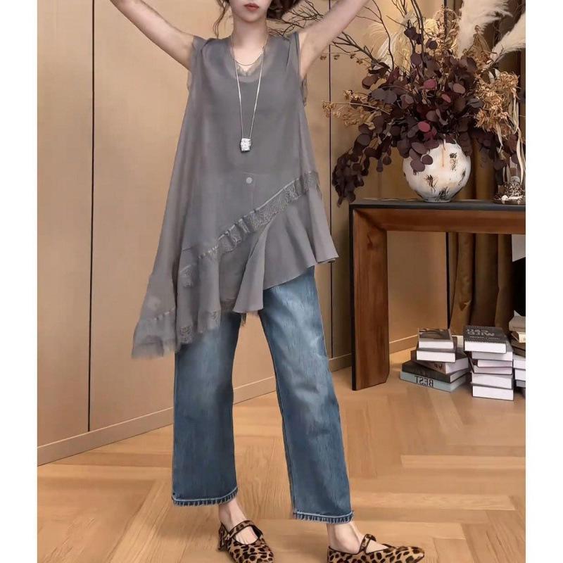 

2026 Korean Style Elegant Lace Patchwork Vest Dress - Women s Slimming Irregular Hem Design L [recommended 105-115 jin] серый