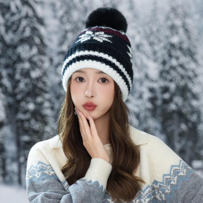 Rabbit fur knitted hat autumn and winter hat women's fleece ear protection warm wool hat fashionable versatile headgear
