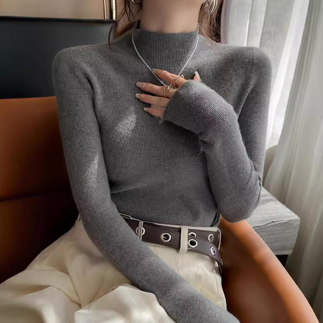 

Women s High-End Base Layer for Spring and Autumn Luxury Gray Half-High Neck Sweater Mid-Neck Knit Top One Size серый